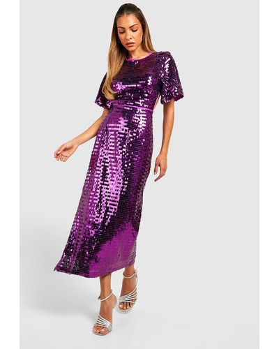 Boohoo Sequin Angel Sleeve Cut Out Midi Party Dress - Purple