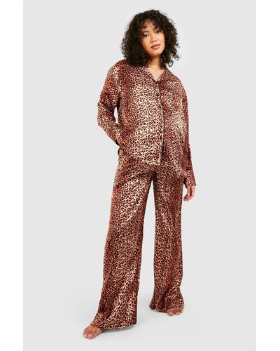 Boohoo Maternity Oversized Satin Leopard Pajama Set - Red