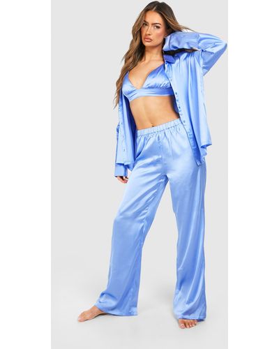 Boohoo Satin 3 Piece Trouser Pajama Set - Blue