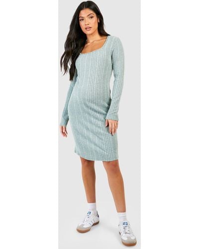 Boohoo Maternity Soft Rib Knitted Square Neck Dress - Blue