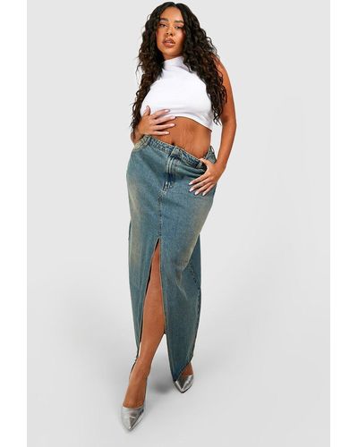 Boohoo Plus Vintage Wash Split Front Denim Maxi Skirt - Blue