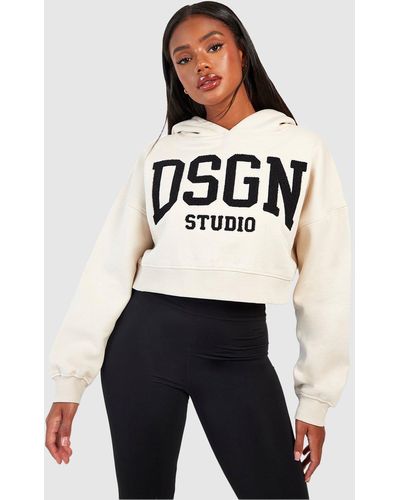 Boohoo Dsgn Studio Towelling Applique Cropped Hoodie - White