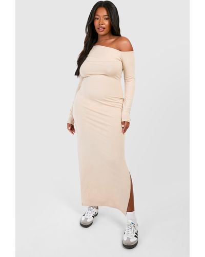 Boohoo Plus Ruched Bardot Long Sleeve Maxi Dress - Neutro