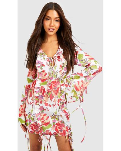Boohoo Floral Ruffle Detail Shift Dress - Red