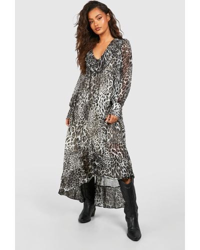 Boohoo Leopard Chiffon Ruffle Midi Smock Dress - Gray