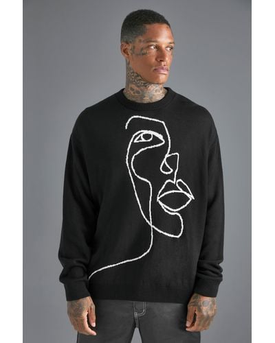 BoohooMAN Oversized Scribble Face Knitted Sweater - Grey