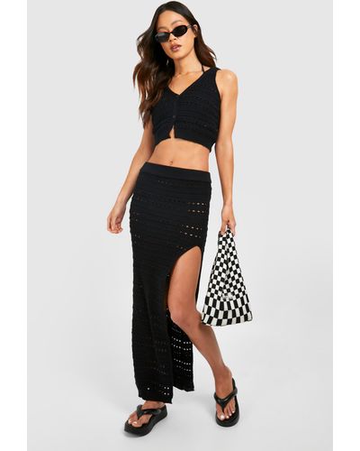 Boohoo Tall Crochet Tank And Split Maxi Skirt Set - Black