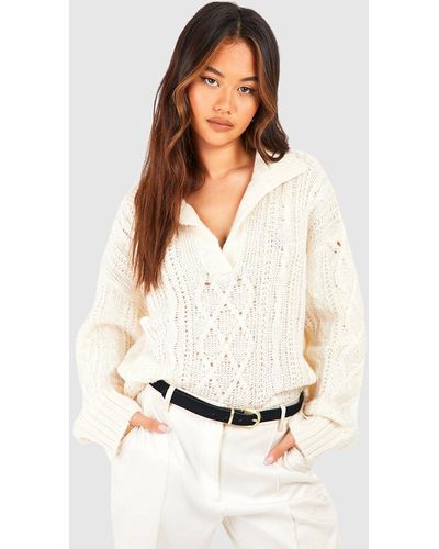 Boohoo Oversized Cable Polo Collar Sweater - White