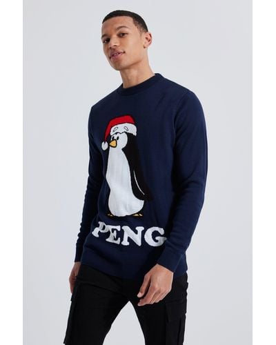 BoohooMAN Tall Peng Novelty Christmas Sweater - Blue