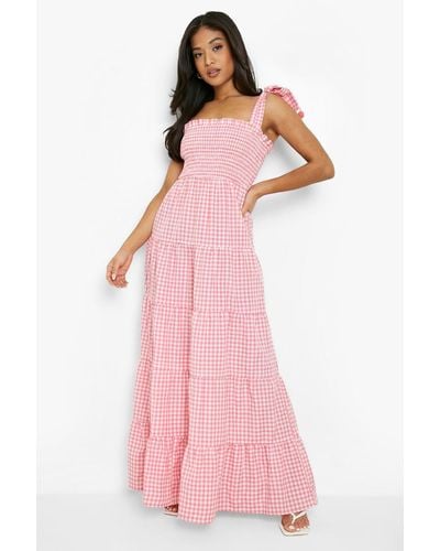 Boohoo Petite Gingham Pom Pom Shoulder Maxi Dress - Pink