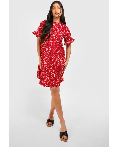 Boohoo Maternity Floral Frill Sleeve Smock Dress - Red