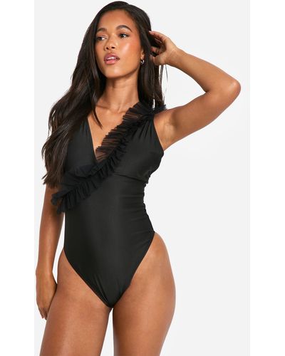 Boohoo Ruffle Detail Strappy Bathing Suit - Black