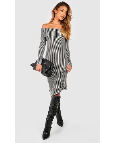 Boohoo Stripe Rib Bardot Midi Dress - Gray