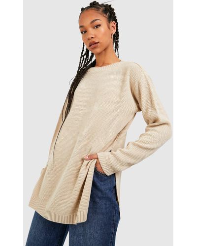 Boohoo Tall Side Split Moss Stitch Tunic Sweater - Natural