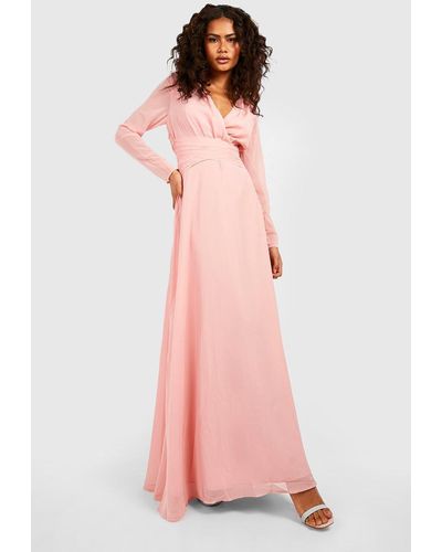 Boohoo Chiffon Long Sleeve Open Back Maxi Dress - Pink