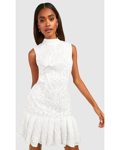 Boohoo Premium Crochet Lace Frill Hem Mini Dress - White