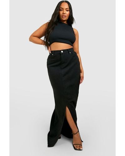Boohoo Plus Denim Split Front Maxi Skirt - Black