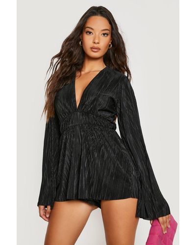 Abstract Plisse Flare Sleeve Romper