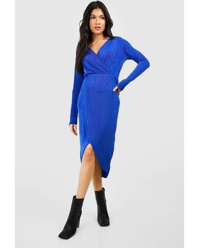 Boohoo Maternity Acetate Slinky Wrapover Midi Dress - Blue