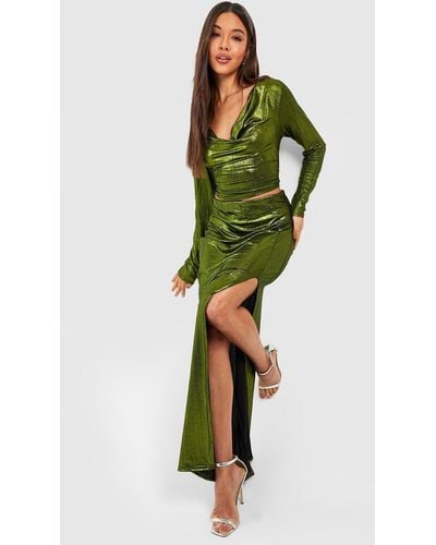 Boohoo Metallic Cowl Top & Maxi Skirt Set - Green