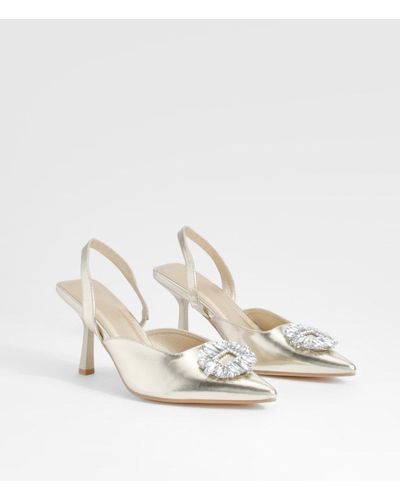 Boohoo Embellished Slingback Metallic Court Heels - White