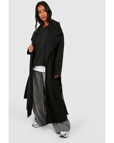 Boohoo Petite Oversized Wool Look Longline Belted Trench Coat - Black