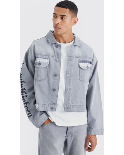 BoohooMAN Boxy Fit Back Graphic Denim Jacket - Gray