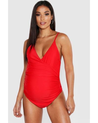 Boohoo Maternity Bump Control Wrap Over Bathing Suit - Red