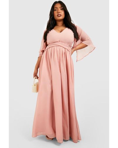 Boohoo Plus Bridesmaid Chiffon Angel Sleeve Wrap Maxi Dress - Pink
