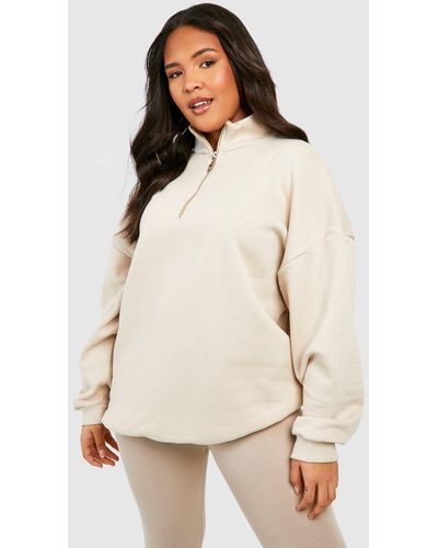 Boohoo Plus Oversized Half Zip Sweatshirt - Natural