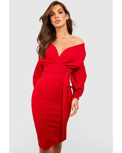 Boohoo Off The Shoulder Wrap Midi Dress - Red