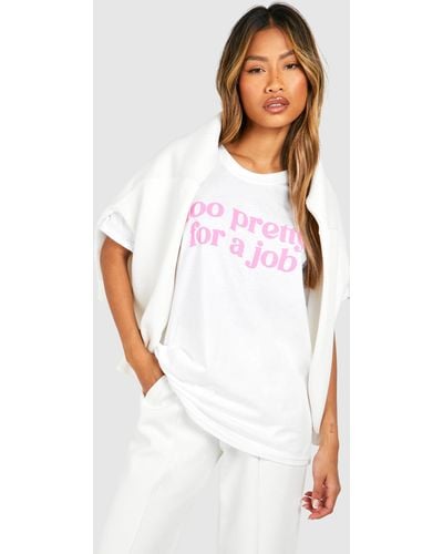 Boohoo Oversized Too Pretty For A Job Chest Print Cotton Tee - White