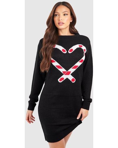 Boohoo Tall Candy Cane Christmas Sweater Dress - Black