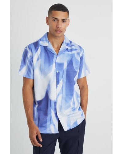 BoohooMAN Short Sleeve Oversized Satin Abstract Shirt - Blue