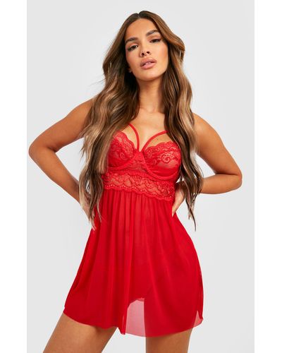 Boohoo Strapping Lace Babydoll And String Set - Red