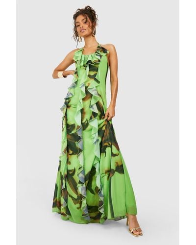 Boohoo Printed Chiffon Ruffle Maxi Dress - Verde