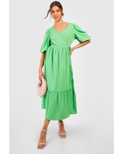 Boohoo Wrap Puff Sleeve Midaxi Dress - Green