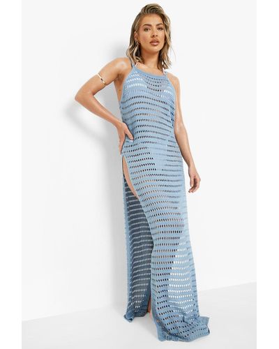Boohoo Crochet Split Sides Beach Maxi Dress - Blue