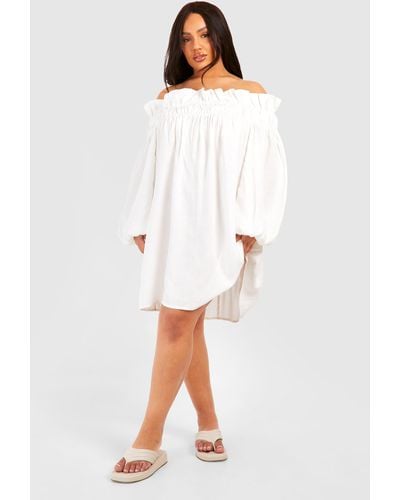 Boohoo Plus Woven Textured Off The Shoulder Smock Dress - White