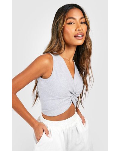 Boohoo Twist Front Ribbed Crop Top - White