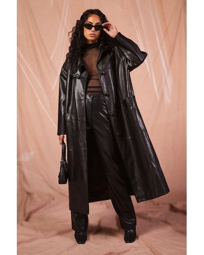 Boohoo Faux Leather Maxi Button Detail Trench Coat - Black