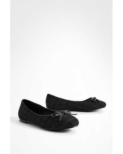 Boohoo Wide Fit Bow Detail Tweed Ballet Flats - Black