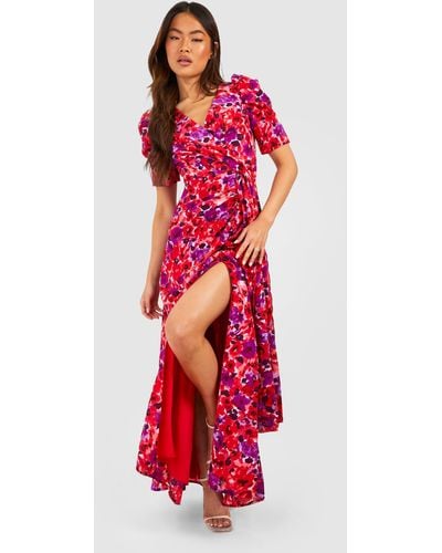 Boohoo Floral Print Wrap Maxi Dress - Red