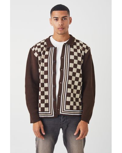 BoohooMAN Oversized Long Sleeve Checkerboard Knit Shirt - Brown