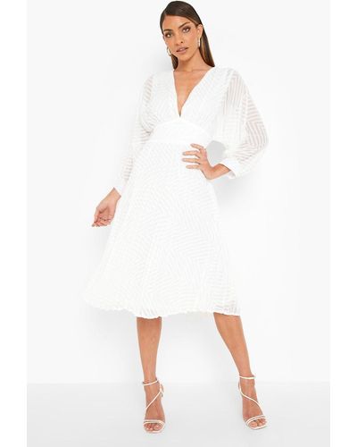 Boohoo Dobby Mesh Pleated Balloon Sleeve Midi Dress - White