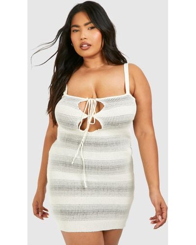 Boohoo Plus Mini Tie Front Beach Dress - White