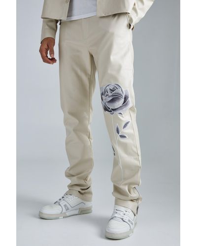 BoohooMAN Pu Stacked Straight Leg Zip Gusset Embroidered Trouser - Multicolor