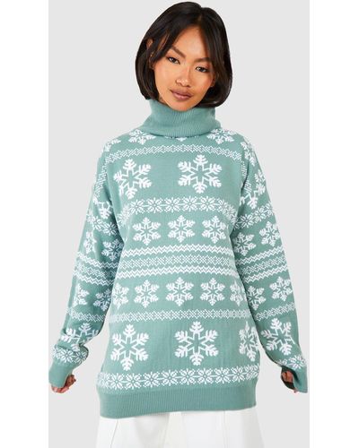 Boohoo Roll Neck Snowflake Fairisle Christmas Sweater - Green
