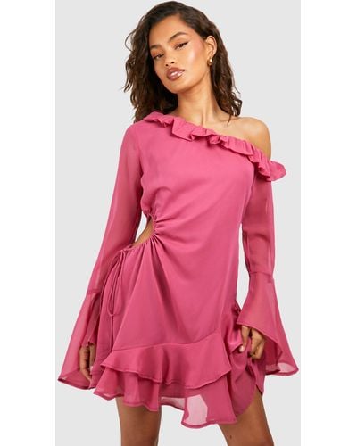 Boohoo Chiffon Asymmetric Ruffle Mini Dress - Pink