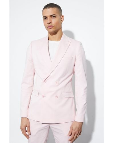 BoohooMAN Skinny Double Breasted Linen Suit Jacket - Pink